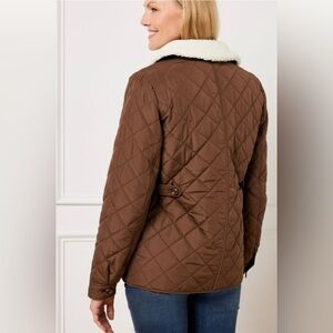 Talbots Petites Brown Quilted Bomber Jacket Shearling Collar Size SP